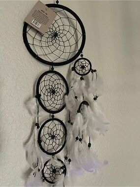 Black Dreamcatcher Wall Hanging White Feathers 4-Ring Boho Decor 29” NWT”
